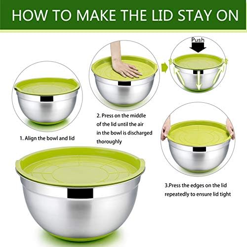 P&P CHEF Mixing Bowls with Lids Set of 5, Stainless Steel Nesting Salad Bowl with Lid & Base for Non-slip Mixing Prepping Storing Serving, 5 Sizes-7/3.5/2.5/1.5/1 QT, Multicolor - Image 5
