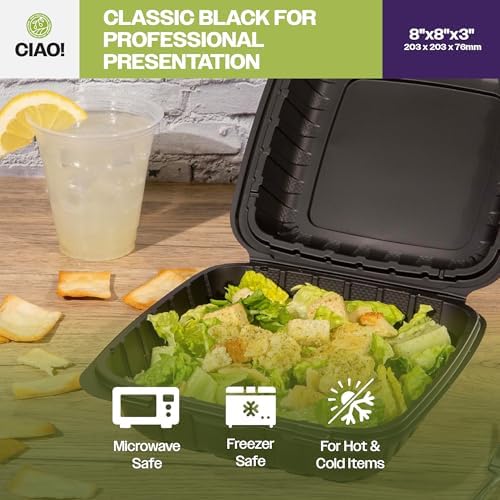CIAO! 8"x8"X3" MFPP Black Hinged Container With Lid 1 Compartment (Case of 200) - Image 6