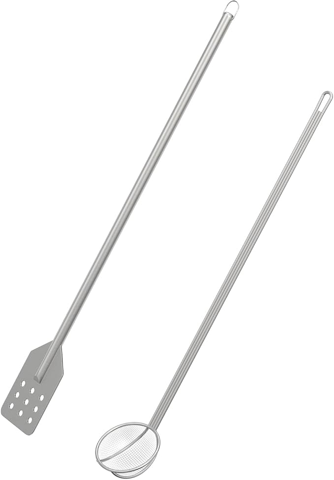 BBQ PLUS 42 Inch Crawfish/Crab Boil Mixing Stir Paddle and Wire Mesh Skimmer Spoon Fryer with Long Handle for Stockpots and Fry Pots,Large Stirring Paddle Skimmer Ladle Accessories by BBQ-PLUS