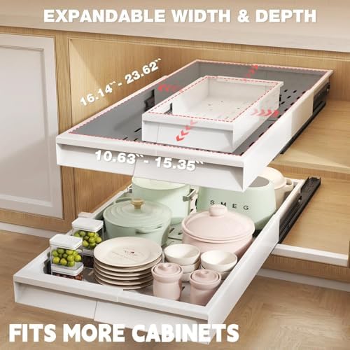 Seinloes Pull Out Cabinet Organizer, 4-Side Expandable to Fit Most Cabinets, 3 Rail Slide Out Drawers with Raising Pad for Framed & Frameless Cabinets, 11"-16" W x 17"-24" D, White, 2 Pack - Image 2