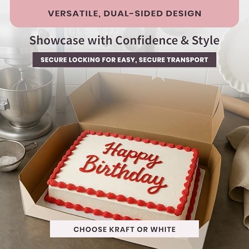 Reversible Bakery Boxes 19 x 14 x 5 in, No Window Lock Corner Sheet Cake and Catering Boxes with Front Tuck Lock & Side Clips, Kraft or White Exterior, Microwavable, 50 Pack - Image 3