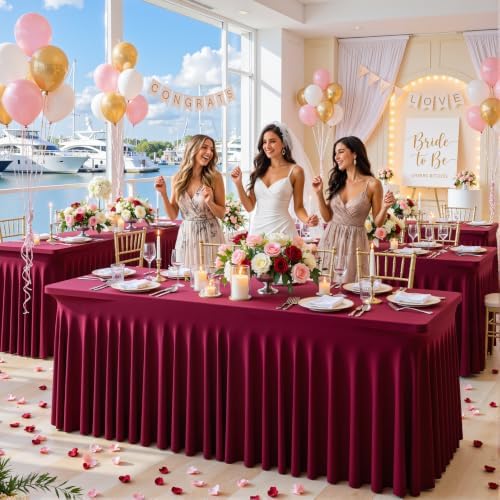 gogoparti 6 Pack Spandex Burgundy Fitted Table Cloth for 6ft Rectangle Tables Burgundy Stretch Tablecloth Table Covers Banquet Table Clothes Wrinkle Free Table Skirt for Parties Wedding - Image 3
