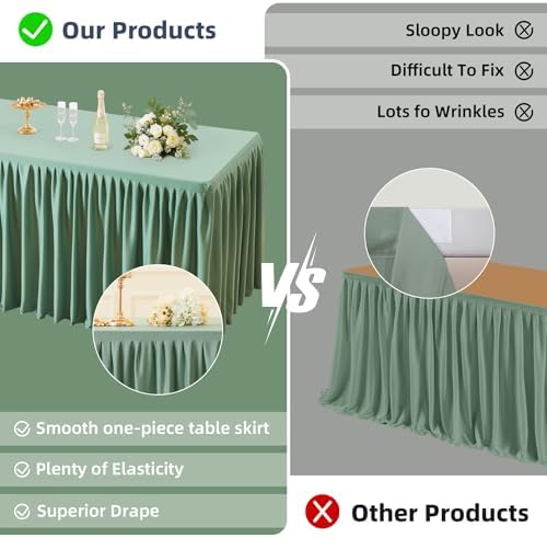 PARTISKY 1 Pack Sage Green Tablecloths for Rectangle Tables 6ft, Wrinkle Resistant Spandex Table Cover Fitted Stretch Table Cloth with Pleated Ruffle Skirts for Party Banquet Dining Birthday Wedding - Image 2