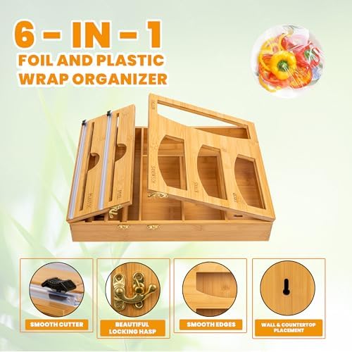T3-R Bamboo Wrap Organizer - 6-in-1 Dispenser with Cutter for Sandwich Bags, Aluminum Foil, Wax Paper and Plastic Wrap - Image 6