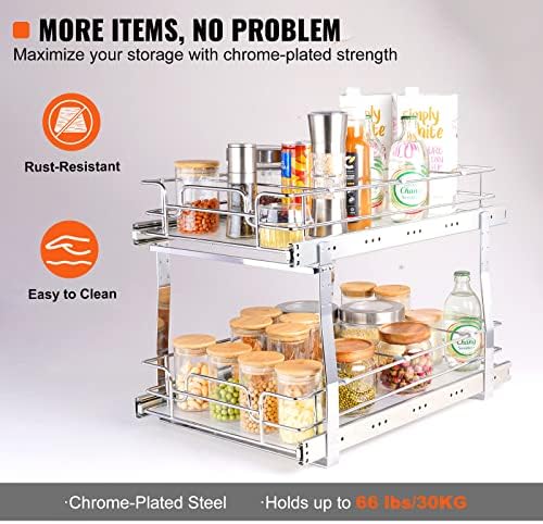 VEVOR Pull Out Cabinet Organizer, 14" Wx21.2 Dx15.2 H Heavy 2 Tier Duty Slide Out Pantry Shelves, Chrome-Plated Steel Roll Out Drawer for Under Sink, 15.5" Wx22.5 Dx19 H Install Size for Cabinet - Image 4