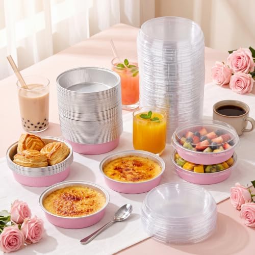 Yinder 120 Pcs 8 oz Disposable Creme Brulee Ramekins with Lids, 4 Inch Mini Pie Tins Aluminum Foil Pie Tart Cake Baking Pans Individual Round Containers Oven Safe (Light Pink) - Image 3