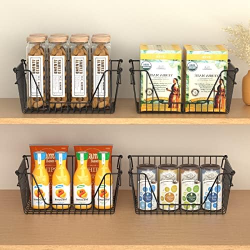 Slideep 14'' Black Stackable Storage Baskets Sturdy Metal Wire Freezer Bins Cabinet Organizer for Pantry Home Bathroom Kitchen Organization- Set of 2 - Image 4