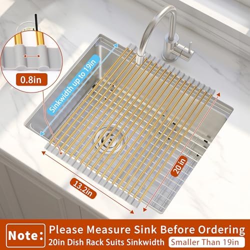 Extra Large Golden Roll-UP Dish Drying Rack-Stainless Steel Dish Drainer Over The Sink for Kitchen Countertop,Applicable for Sink Width Less Than 19in (Gold,20.5'x 13.2') - Image 2
