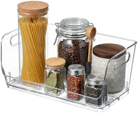 Basicwise 12-Inch Open-Front Clear Storage Bin with Easy-Grip Handle Stackable Transparent Plastic Organizer Container for Pantry Cabinet Refrigerator Drawers Closets and Shelf Organization, Large by Basicwise