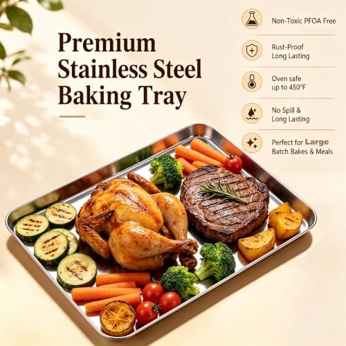Stainless Steel Baking Sheet, 17.5" x 13" Cookie Sheet, 1-Pack | Large Half Sheet Pan for Baking Roasting Cooking, Heavy Duty & Non-Toxic, Easy Clean & Dishwasher Safe - Image 2