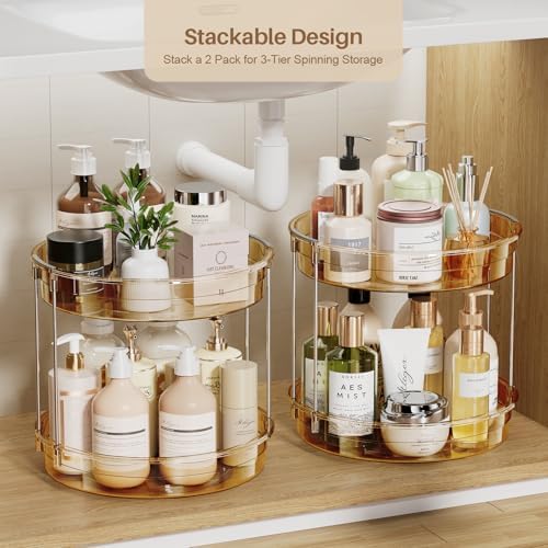 LAMU 2 Pack 2 Tier Lazy Susan Turntable Organizer 12'' Rotating Spice Rack Organization for Cabinet, Kitchen, Pantry, Countertop, Bathroom, Vanity, Medicine Cabinet Organizer, Amber - Image 3