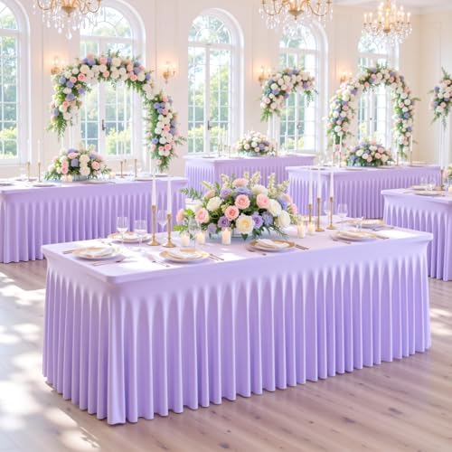 Besutolife 4 Pack Purple Spandex Tablecloth for 8ft Rectangle Tables Fitted Table Cloth Stretch Table Covers Skirt 8ft Rectangular Tablecloths for Banquet Parties Wedding Decorations - Image 2