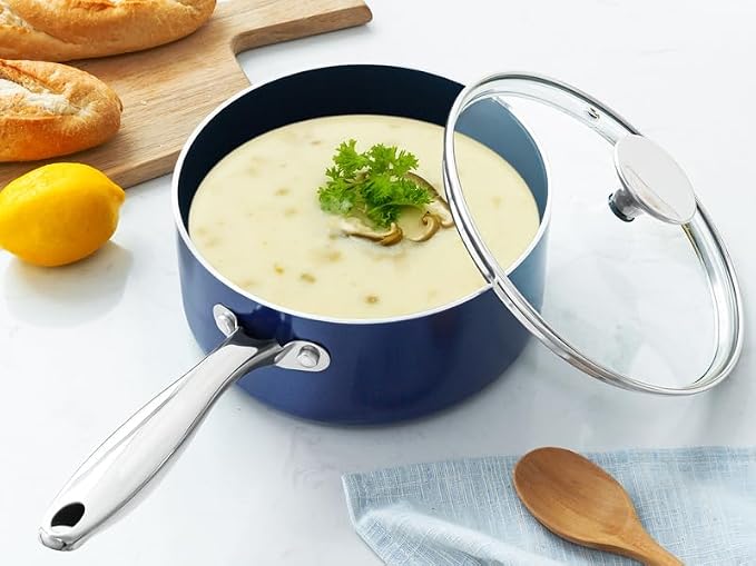 MICHELANGELO 4 Quart Saucepan with Lid, Nonstick Ceramic Sauce Pan with Stainless Steel Handle, 4 Qt Saucepan with Lid Induction Compatible, Oven Safe, Blue - Image 4