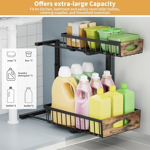 2 Pack Metal Under Sink Organizer with Sliding Drawer, Black - Image 6