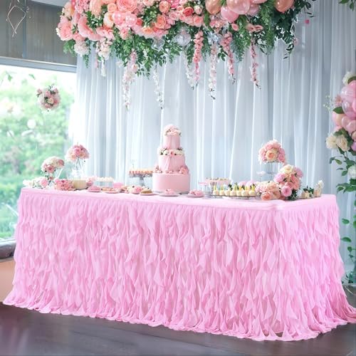 PARTISKY Pink Tulle Curly Willow Table Skirt for Rectangle Table 6ft, Ruffle Tutu Table Cloth for Girls Baby Shower,Birthday Party Candy Cake Tables - Image 2