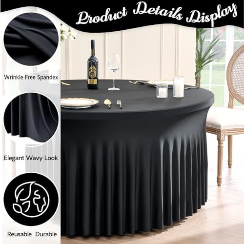 Outpain 12 Pack Spandex Black Round Tablecloths for 60 Inch/5FT Tables - Stretchy Table Cloth with Skirt, Wrinkle-Free Fitted Cloth for Wedding Vendor, Banquet & Graduation Decor (120" Round) - Image 3
