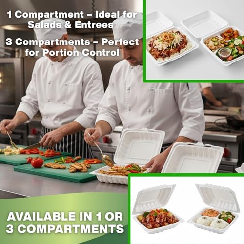Front Lock MFPP Hinged Food Containers, 8" x 8" White Vented Clamshell – 3 Compartment Disposable Takeout Boxes, Durable Microwaveable Containers for Restaurants, & Food Service – 150 Pack - Image 4