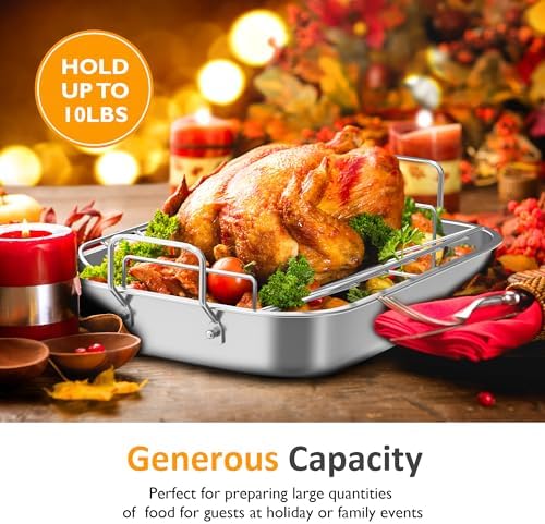 Sunvivi 15.6'' Roasting Pan with V-Shaped Rack, Rectangular Lasagna Pan with Handle, Non-Stick Stainless Steal Roaster for Turkey, Chicken, Vegetable, Lasagna, Heavy Duty & Dishwasher Safe - Image 4