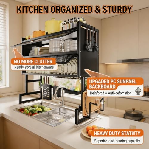 KeepKitchen Sink Shlef Organized Space-Saving,rack dishwashing sink countertop dustproof cupboard storage multifunctional tableware storage drain rack double layer(White double layer,75cm/29.5in) - Image 4