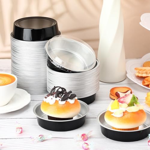 Yinder 8 oz Disposable Creme Brulee Ramekins with Lids, 4 Inch Mini Pie Tins Aluminum Foil Pie Tart Cake Baking Pans Individual Round Containers Oven Safe(Black & Silver,120 Pcs) - Image 6