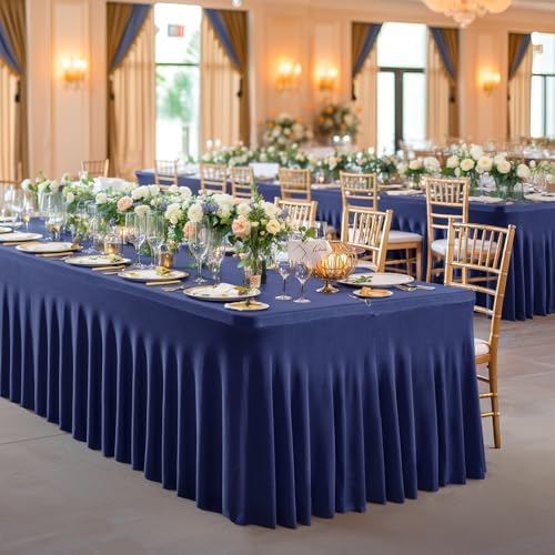 PARTISKY 4 Pack Navy Blue Table Cover for Rectangle Tables 8ft,One-Piece Spandex Elastic Table Cloth with Skirt for Wedding Folding Table Banquet Baby Shower & Birthday Parties - Image 2