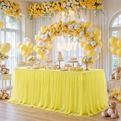 Yellow Tulle Tablecloth for 8 Foot Rectangular Tables 8ft Yellow Rectangle Table Cloth Wrinkle Free Table Cover with Tutu Skirt for Birthday Cocktail Banquet Buffet Lemon Citrus Fruit Party Decoration - Image 3
