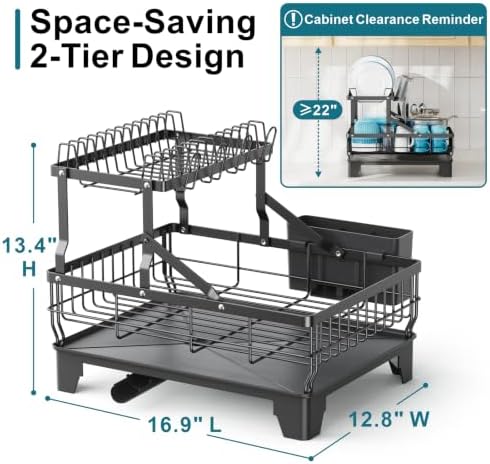 GSlife Dish Rack for Kitchen Counter - 2 Tier Dish Drying Rack, Black - Image 3
