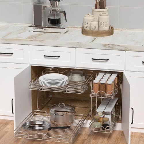 OCG 2 Tier Pull Out Cabinet Organizer (12.5" W x 21" D), Pull Out Drawers for Kitchen Cabinets, Pull Out Shelves for Base Cabinet Organization in Kitchen Bathroom Pantry, Chrome Finish - Image 4