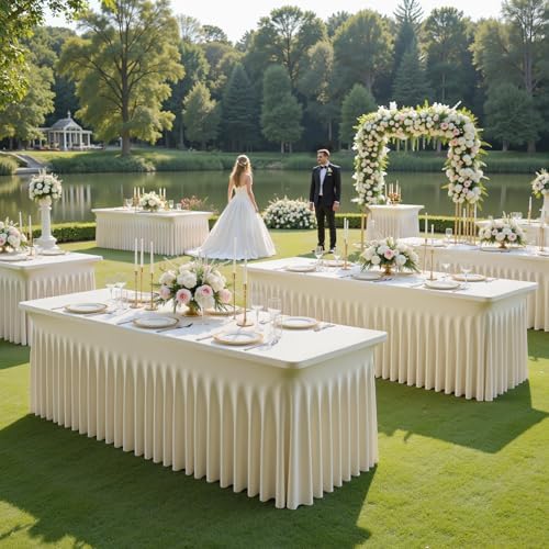 6 Pack Spandex Beige Fitted Table Cloth for 8ft Rectangle Tables Beige Stretch Tablecloth Table Covers Skirt Banquet Wrinkle Free Tablecloths for Parties Wedding - Image 3
