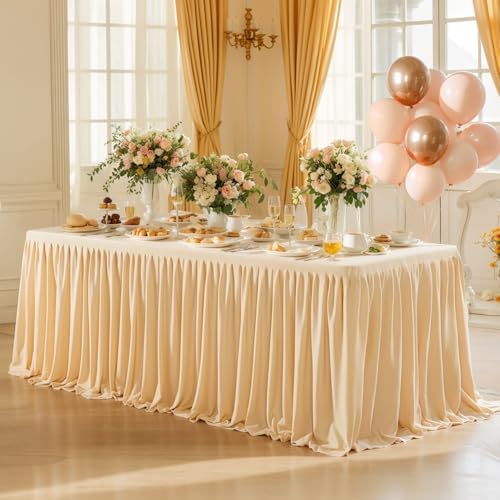 6 Pack Dark Champagne Tablecloths for Rectangle Tables 8ft, Wrinkle Resistant Champagne Table Cover Fitted Stretch Table Cloth with Pleated Ruffle Skirts for Party Banquet Dining Birthday Wedding - Image 4
