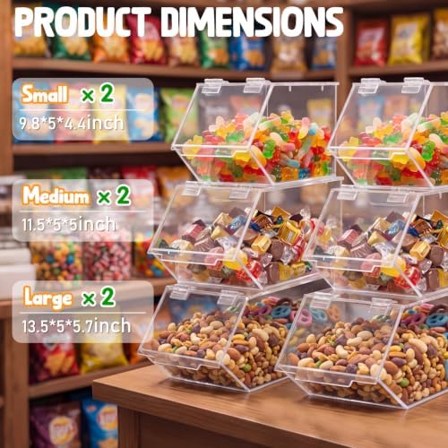 2 Sets/6 Pcs Stackable Candy Bins with Hinged Lid Small Medium Large Clear Acrylic Storage Bins Stackable Pantry Storage Caddy for Cereal Nuts Candies Snack Ice Cream Toppings, Wrapped Snacks - Image 2