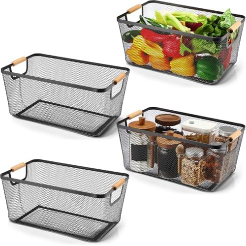 Ziliny 4 Pcs Mesh Wire Baskets for Organizing, Extra Large, Black | Metal Pantry Organizers with Wooden Handles, Storage Steel Bin, Kitchen Baskets for Fruit Potato Onion Snacks Bath Cabinet by Ziliny
