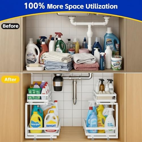 2-Tier Metal L-Shaped Pull-Out Under Sink Organizer, White, 2 Pack - Image 6