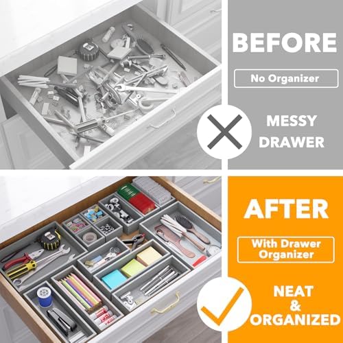 SpaceAid 14-Piece Bamboo Drawer Organizer Storage Boxes Set, Wood Tray Junk Drawer Organizers Multi-Use Divider Bins for Kitchen, Bathroom, Office Desk and Makeup Organization (14 Pack, Gray) - Image 2