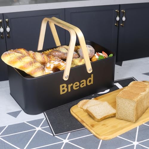 SOTECH Large Bread Box Metal Bread Bin with Bamboo Lid and Handle Portable Outdoor Bread Food Storage Container Modern Bread Box for kitchen Counter Organizer Kitchen Decor (black) - Image 2