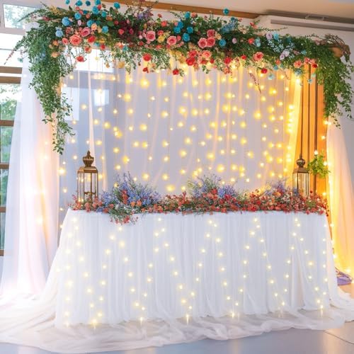 PARTISKY White Tulle Tutu Table Skirt for Rectangle Tables or Round Table,Led Light String Table Cloth for Wedding Baby Shower Birthday Party Dessert/Cake Tables - Image 3