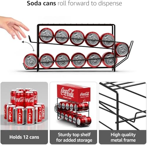 Sorbus Soda Can Dispenser Rack for Fridge, Holds 12 Cans (1 Pack, Black) | Dispensing organizer keeps standard 12-ounce drinks accessible in refrigerator and pantry cabinets for easy restocking. - Image 4