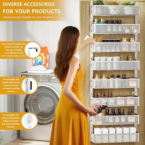 8-Tier Over The Door Pantry Organizer with Mesh Baskets, Adjustable & Stable Hanging Spice Rack for Kitchen, Bathroom, Bedroom, and Baby Essentials Storage (16" W 8-Tiers, White) - Image 4