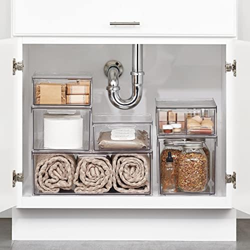 mDesign Plastic Stackable Bathroom Storage with Pull Out Bin Organizer Drawer for Cabinet, Vanity, Shelf, Cupboard, Cabinet, or Closet Organization - Lumiere Collection - Clear - Image 2