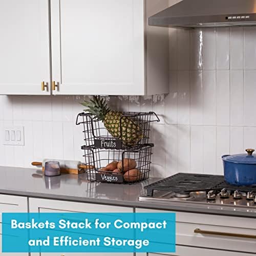BirdRock Home Stacking Wire Market Baskets with Chalk Label | Set of 2 | Fruit Vegetable Produce Metal Storage Bin for Kitchen Counter | Black - Image 2