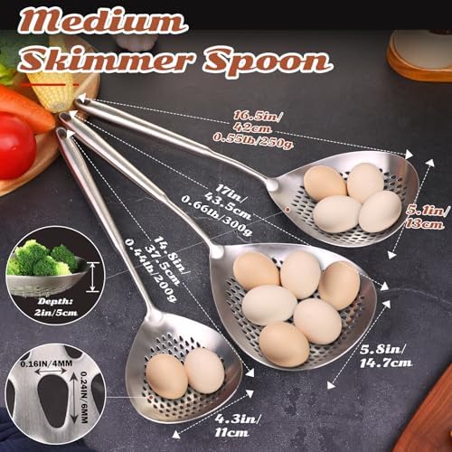 Skimmer Slotted Spoon -16.5" 304 Stainless Steel Pasta Spider Strainer Skimmer Ladle Spoon for Cooking and Frying - Kitchen Metal Scoop Colander Strainer Spoon with Heat Resistant Handle - Image 2