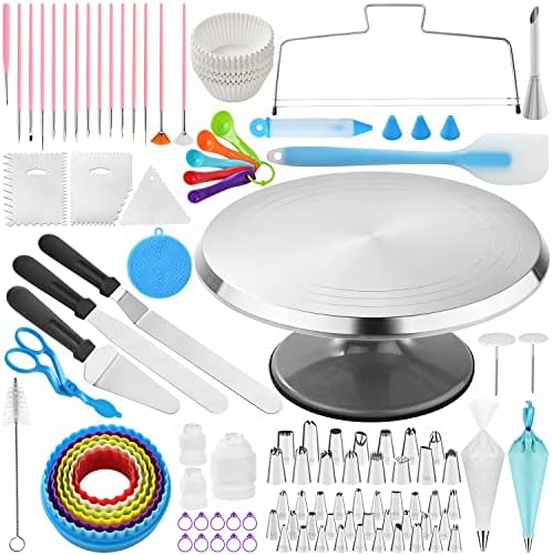 300 PCS Cake Decorating Kit, Cake Decoration Supplies, Baking Accessories Tools Set, Cake Turntable Stand Frosting Piping Bags Icing Tips Nozzles Spatulas Smoothers Cookie Cutters Cupcake Muffin Cups by CHIYAN