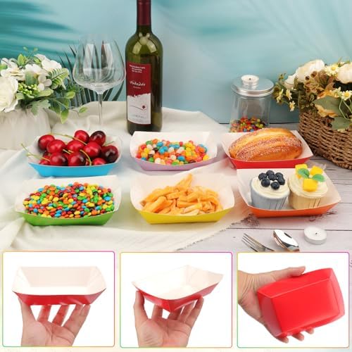 420 Pack 1 Lb Colourful Paper Food Trays, Heavy Duty Disposable Kraft Food Boats for Nachos, Fries, Tacos, BBQ, Snacks. Microwave-Safe,Paper Food Boats for Parties, Picnics, Food Trucks - Image 6