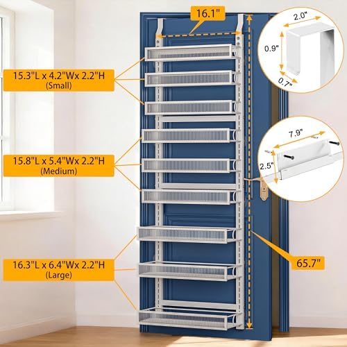 Over the Door Pantry Organizer 9 Tiers Hanging Door or Wall Mounted Spice Rack with Adjustable Acrylic Basket,Heavy Duty Metal Seasoning Storage Shelf for Kitchen Pantry and Bathroom White - Image 2