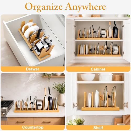 MinBoo Bamboo Expandable Pot Lid Organizer, Pot and Pan Organizer Drawer Organizer for Pot Lids, Adjustable 10 U-Shaped Dividers for Kitchen Cabinet Organizers and Storage (Bamboo-1) - Image 6