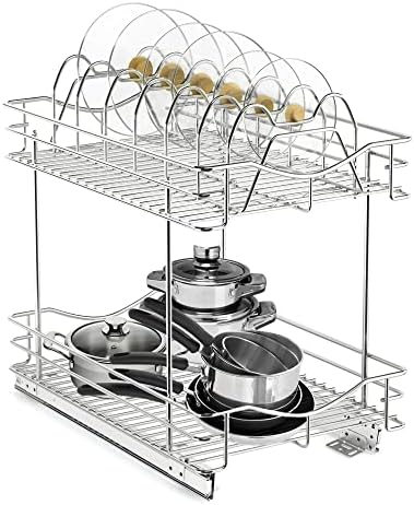 FULGENTE Pull Out Cabinet Pots and Pans Organizer 11" W x 18" D 2 Tier Wire Basket for Lid Cookware Drawer Slide Out Kitchen Cupboard Organization Shelves Shelf for Pantry Roll Out Storage, Chrome - Image 2