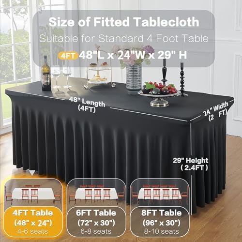 2 Pack Black Spandex Tablecloths for 4 ft Rectangle Tables, Wrinkle Free Fitted Table Covers 4 Foot StretchyTable Cloth with Skirt for Parties Weddings Birthday Banquet Baby Shower - Image 5
