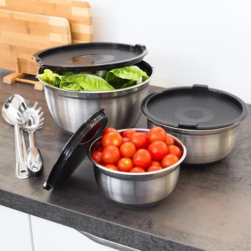 Relaxdays BOWLY, Set of 3, Diameters: 17/21 / 25.5 cm, Mixing Set Stainless Steel with Aroma Protective Salad Serving Bowl with Fresh-Preserving Lid, Silver, 25.5 x 25.5 x 14.5 cm - Image 2