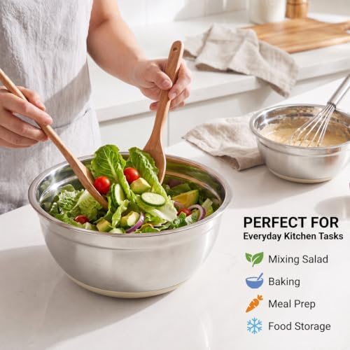 7QT 30PCS Mixing Bowls with Lids Set, 7QT to 1QT Stainless Steel Nesting Bowls with Graters, Non-Slip Silicone Bottom, Large Khaki Bowls & 21 Measuring Cups and Spoons Set Kitchen Appliances - Image 4