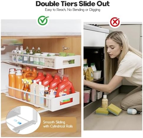 2 Packs 21IN Depth Under Sink Organizer, 2-Tier Pull Out Cabinet Organizer With Smooth Circular Rail, Large Capacity Metal Mesh Sliding Drawers For Bathroom& Kitchen Storage,Height Adjustable –White - Image 7
